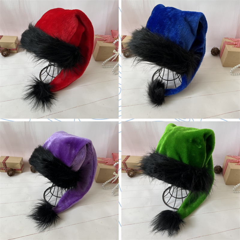 Santa Hat Plush - Plüsch-Weihnachtsmannmütze für Kinder und Erwachsene, schwarzer