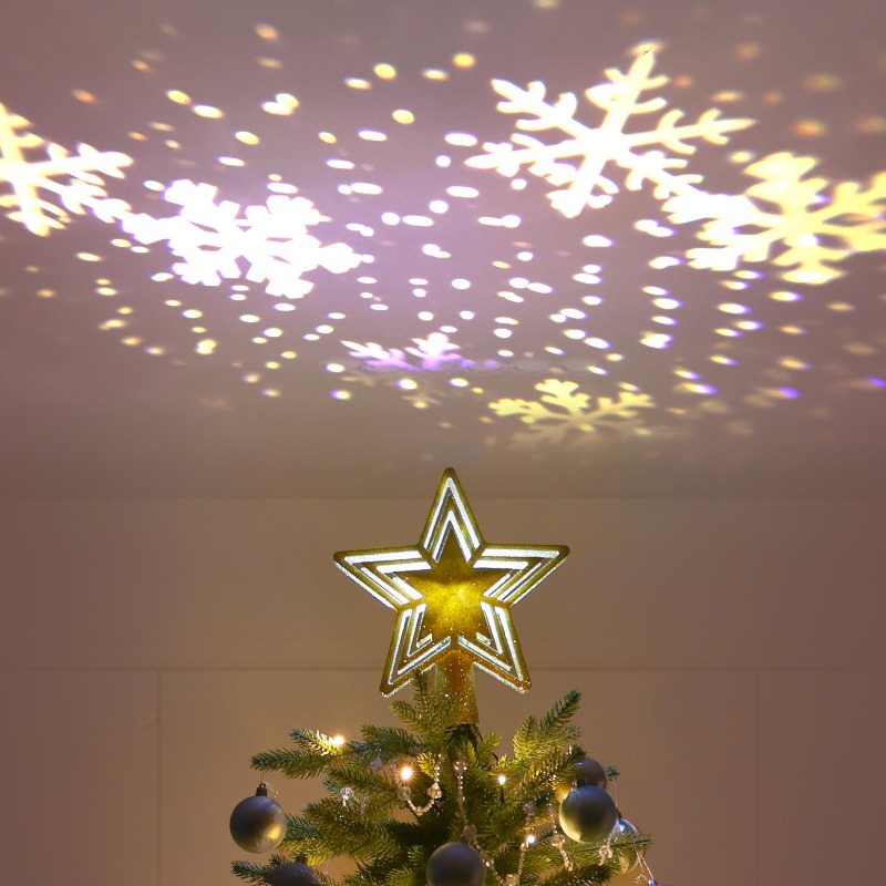 Star Tree Topper - LED-Projektionsbaumspitze, Stern, goldenes Pentagramm mit Schneeflocke,