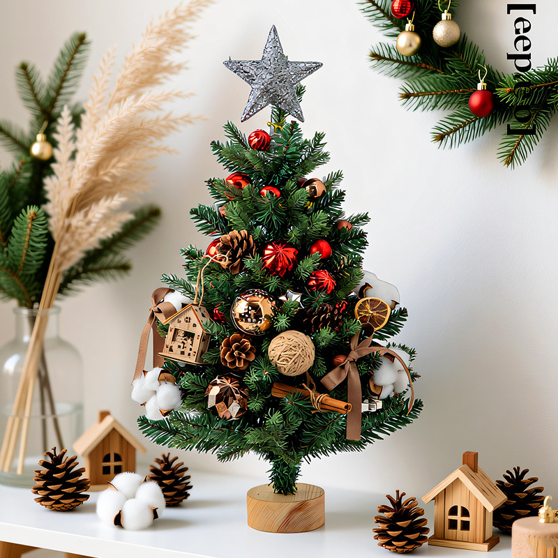 Star Tree Topper - Kleiner Künstlicher Tisch-Weihnachtsbaum mit Ornamenten, Holzsockel